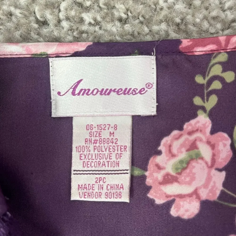 Amoureuse Peignoir Purple Floral Robe Belted Lace Liquid Satin Lounge Medium